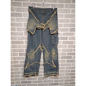 Manfinity Blue Rare Jeans Distressed Cargo Pants Design Star Unisex  Size Medium
